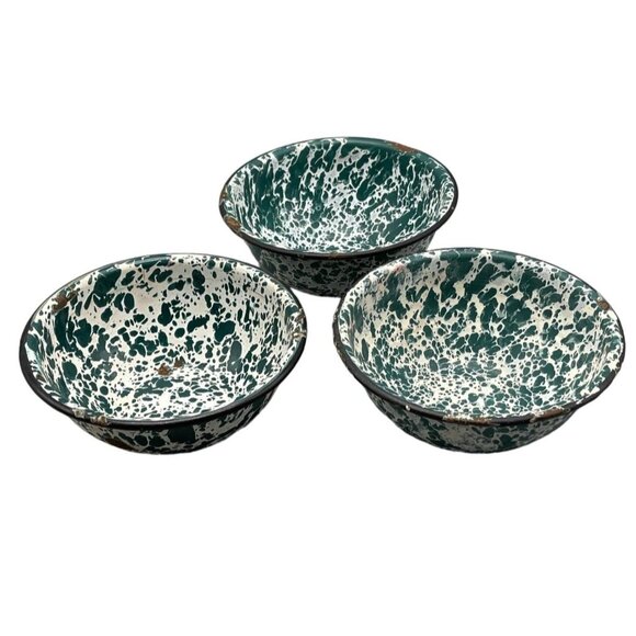 vintage set of 3 metal bowls green white black outdoors camping picnic 6" READ - Picture 1 of 8
